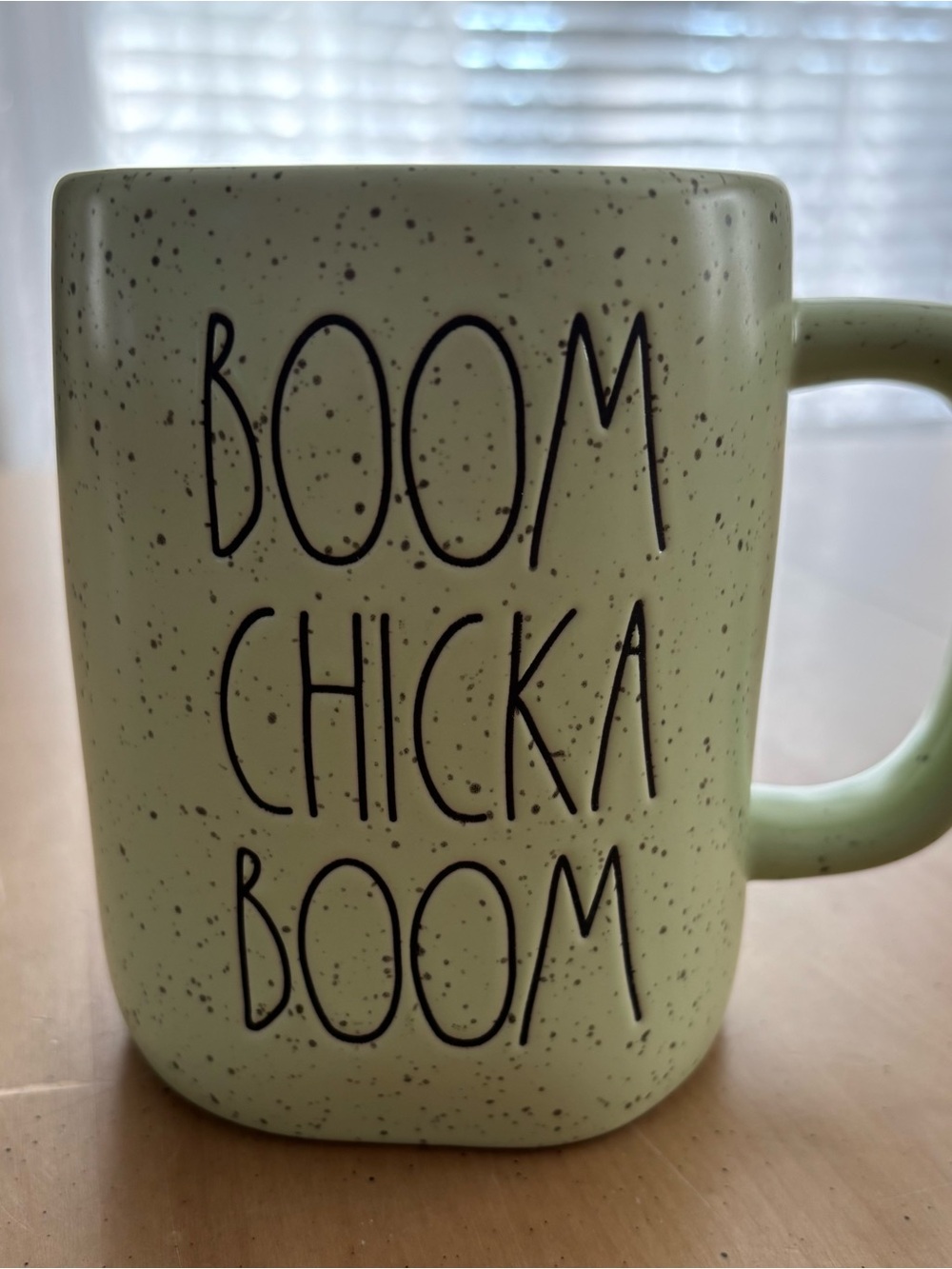 Rae Dunn “BOOM CHICKA BOOM” Light Green Specked Mug. Excellent Condition